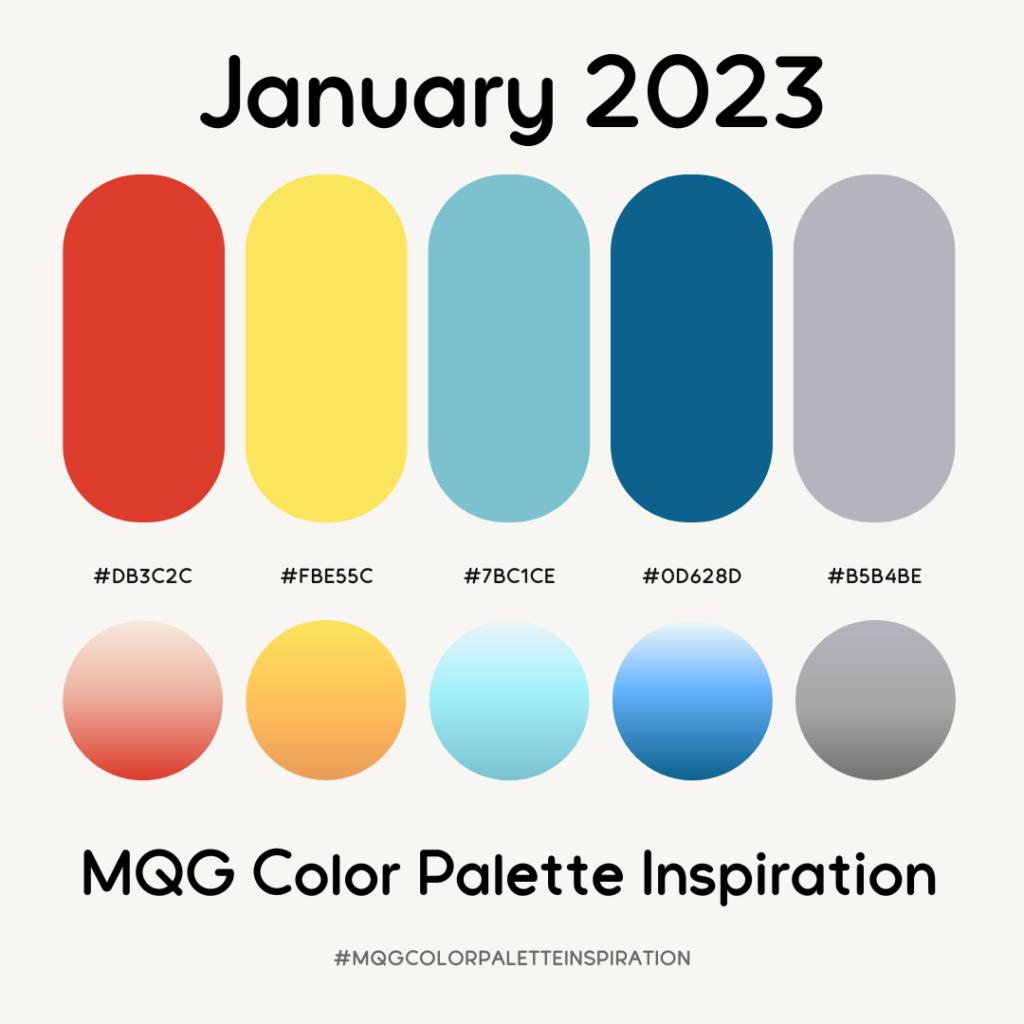 January 2023 Color Palette Inspiration Red Yellow Light Blue, Dark Blue and Warm Grey