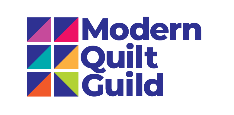The Modern Quilt Guild Logo is blue with 6 multicolored half-square triangles